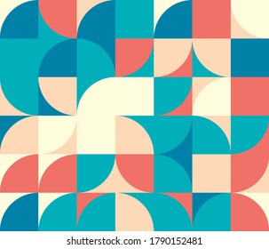 Seamless geometric pattern design artwork with simple geometrical forms. Circular geometric vector graphic with great color palette, useful for poster design, fabric print, wallpaper, wrapping paper.