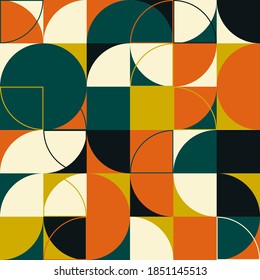 Seamless geometric pattern design artwork with simple geometrical forms. Circular geometric vector graphic with great color palette, useful for poster design, fabric print, wallpaper, wrapping paper.