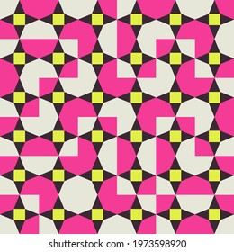 Seamless geometric pattern design artwork with simple geometrical forms. Circular geometric vector graphic with great color palette, useful for poster design, fabric print, wallpaper, wrapping paper.