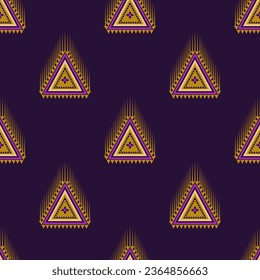 Seamless geometric pattern design for,textile, fabric, background or wallpaper.Triangle shape on purple background. Embroidery, ornament print art style.