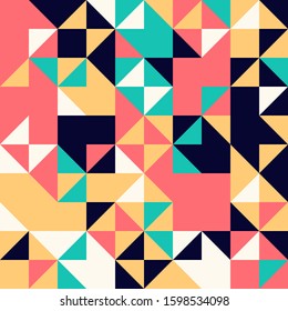 Seamless geometric pattern design made with simple triangle geometrical forms. Abstract vector composition graphics, useful for decoration, wallpapers, textile, covers, prints, wrapping paper, etc.