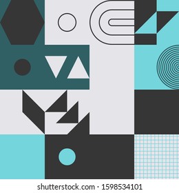 Seamless geometric pattern design made with simple geometrical forms. Abstract vector composition graphics, useful for decoration, wallpapers, textile, covers, prints, wrapping paper, etc.