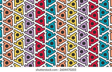 Seamless geometric pattern design made with simple triangle and rhombus shapes. Abstract hexagon rainbow vector background, useful for decoration, wallpapers, textile, covers, diversity and lgbt.