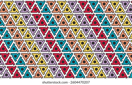 Seamless geometric pattern design made with simple triangle and rhombus shapes. Abstract hexagon rainbow vector background, useful for decoration, wallpapers, textile, covers, diversity and lgbt.
