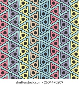 Seamless geometric pattern design made with simple triangle and rhombus shapes. Abstract hexagon rainbow vector background, useful for decoration, wallpapers, textile, covers, diversity and lgbt.