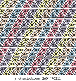Seamless geometric pattern design made with simple triangle and rhombus shapes. Abstract hexagon rainbow vector background, useful for decoration, wallpapers, textile, covers, diversity and lgbt.