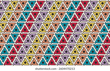 Seamless geometric pattern design made with simple triangle and rhombus shapes. Abstract hexagon rainbow vector background, useful for decoration, wallpapers, textile, covers, diversity and lgbt.