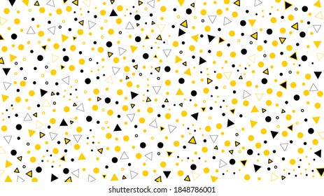 Diseño de patrones geométricos impecables, estilo memphis repetir fondo de iconos. Elementos de diseño web de vectores de hipster de color amarillo, negro y blanco, formas simples de moda para banner, afiche, portada o folleto