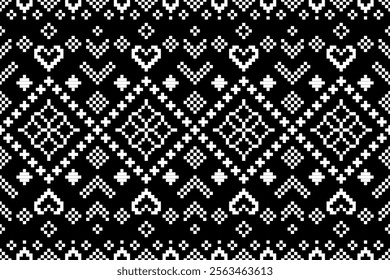 Seamless geometric pattern, designed with heart shape, black background, carpet, fabric, wallpaper, clothing, batik, fabric, vector, illustration, embroidery.