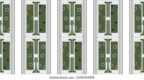 Seamless geometric pattern with detailed interlocking shapes in green and white. Vector illustration for fabric, textile, pillow print, texture, fashion design