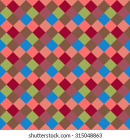 Seamless geometric pattern. Diagonal square, braiding, woven line background. Strapwork texture in motley, variegated, kitsch, clown colors. Rhomb figure texture. Vector