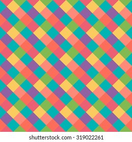 Seamless geometric pattern. Diagonal square, braiding, woven line background. Patchwork texture in warm, bright, variegated, children, festival, clown, holiday colors. Rhombus figure texture. Vector