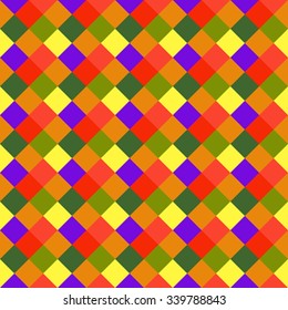 Seamless geometric pattern. Diagonal square, braiding, woven line background. Motley warm, bright, variegated, baby, festival, clown, kitsch, holiday colored. Rhomb figure texture. Vector