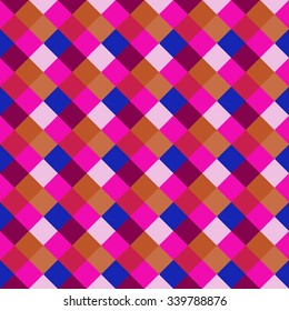 Seamless geometric pattern. Diagonal square, braiding, woven line background. Motley cold, bright, variegated, baby, festival, clown, kitsch, holiday colored. Rhomb figure texture. Vector
