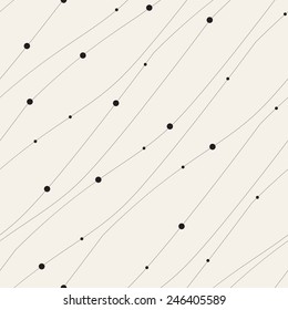 Seamless geometric pattern. Diagonal wavy thin thread with small beads. Vector repeating texture with circles. Delicate monochrome background