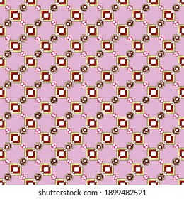 Seamless geometric pattern of diagonal weave of yellow and red rhombuses and squares, pink background. Great for decorating fabrics, textiles, gift wrapping, printed matter, interiors, advertising.