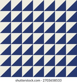 Seamless geometric pattern with diagonally into a dark blue triangle and an off-white triangle.