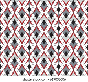 Seamless Geometric Pattern with diamond and crescent shapes / Vector Illustration / Red, grey and Black