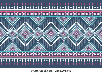 Seamless geometric pattern with diamond motifs in blue and pink tones, inspired by traditional ethnic designs. Perfect for textile prints, digital backgrounds, and interior decor projects, clothing