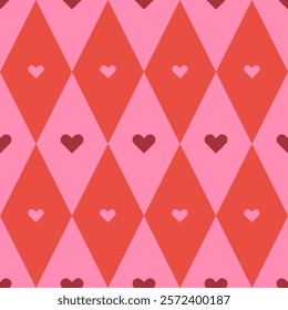 Seamless geometric pattern with diamond shapes in trendy pink and orange shades. Retro-inspired design in minimalist geometry style for girly-themed projects. Argyle, preppy pattern