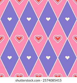 Seamless geometric pattern with diamond shapes in trendy pink and purple shades. Retro-inspired design in minimalist geometry style for girly-themed projects. Argyle, preppy pattern