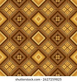 A seamless geometric pattern with diamond shapes, earthy tones, and tribal-inspired motifs, reflecting traditional textile or quilt designs. Gold color ethnic patterns. Geometric ethnic pattern.
