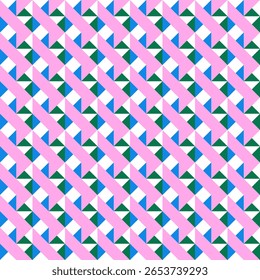 Padrão geométrico contínuo com formas de diamante em rosa, azul e verde. Perfeito para tecido, papel de parede, papel digital, envoltório de presente e design têxtil. Fundo bonito, moderno e colorido.
