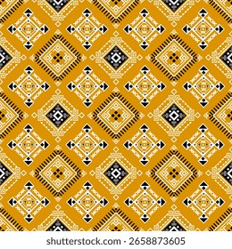Ein nahtloses geometrisches Muster mit Rautenformen in Senf, Schwarz und Weiß, mit Stammes- und Ethno-Motiven.