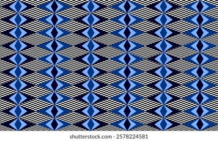 seamless geometric pattern, Seamless geometric diamond pattern in triple tone blue and black diamond checkerboard on checkerboard background pattern design for fabric print, 3 layer diamond