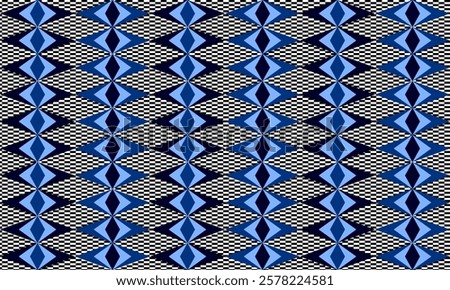 seamless geometric pattern, Seamless geometric diamond pattern in triple tone blue and black diamond checkerboard on checkerboard background pattern design for fabric print, 3 layer diamond