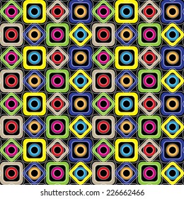 Seamless geometric pattern. Diamonds, circles, squares with rounded corners on a black background. Vector.