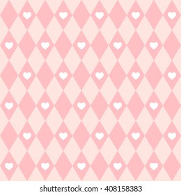 Seamless geometric pattern with diamonds and hearts. Vector diamond background in pink and white colors. Good for greeting cards, wedding invitations, wrapping paper and Valentine's Day design.