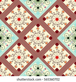 seamless geometric pattern, diamonds with an unusual colored flowers, vector illustration