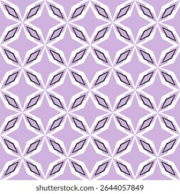 Seamless geometric pattern of diamond-shaped floral motifs in black, white and pink lavender. Concept of bold, modern design, tile-inspired, flower for fabric texture, stationery, wallpaper, decor.