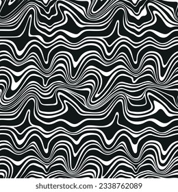 Seamless geometric pattern. Distorted wavy horizontal black and white lines. Ripple striped surface. Fluid water paint effect.  Abstract background. Vector freeform waves illustration.