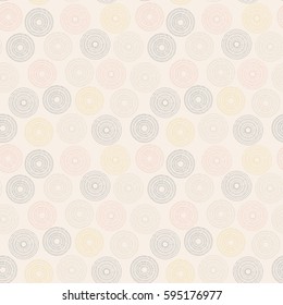 Seamless geometric pattern with distressed look concentric circles in retro pastel colors - pink, gray, blue and yellow on beige background. Scandinavian style design. EPS 8 stock vector.
