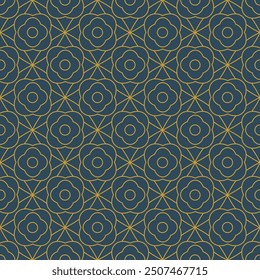 Nahtloses geometrisches Muster mit verschiedenen Formen, tiefblaue Textur mit dunkelgelben Ornamenten 