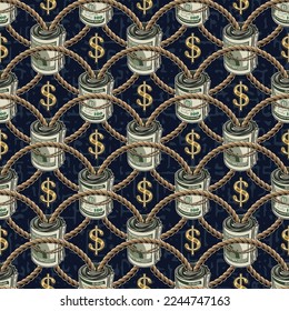 Seamless geometric pattern with dollar sign, money rolls of 100 dollars bills connected by jute rope. Intricate lace ornament on dark blue textured background.