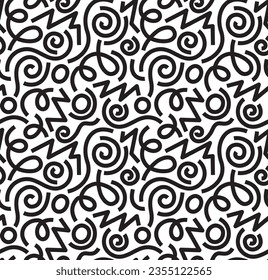 Seamless geometric pattern with doodle elements. Vector abstract black and white background	