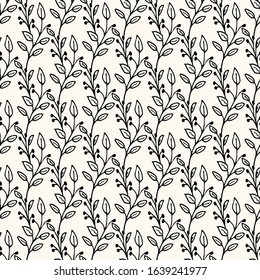 Seamless geometric pattern in doodle style with handdrawn branches. Modern background for fabric, web or decoration