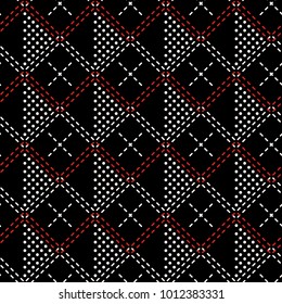 Seamless geometric pattern of dots and intersecting double dashed lines in black, white, red colors. Stylish textile vector print