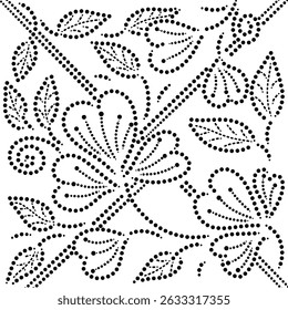  Padrão geométrico contínuo de flores pontilhadas com folhas e redemoinhos, Flores desenhadas à mão com folhas em estilo plano pontilhado Ilustração vetorial ideal para fundos de tecido Cortina almofada Papel de parede etc