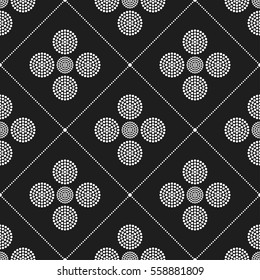 Seamless geometric pattern of dotted mosaic circles in trellis. Abstract black and white background. Vector Illustration.