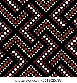 Seamless geometric pattern with dotted zigzag lines in red and white on a black background. Trendy design in a modern style. Abstract vector illustration.