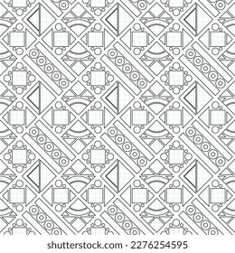 Seamless Geometric Pattern, Drawn on Checkered Notebook. Endless Modern Mosaic Texture.  Fabric Textile, Wrapping Paper, Wallpaper. Vector Contour Illustration. Coloring Book Page