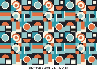 Seamless geometric pattern with a dynamic interplay of circles, squares, and rectangles in a vibrant color palette. Perfect for textile prints, wallpaper, and modern interior