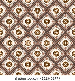 Seamless Geometric Pattern with Earthy Tones, Featuring Repeating Diamond Shapes and Radiating Sun Motifs