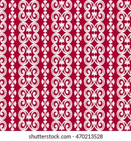 Seamless geometric pattern in eastern style of painting. White decorative elements on red background. Vector illustration.