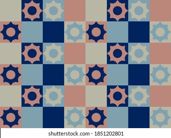 Seamless geometric pattern of eight ray stars with circles inside in light blue, pink and purple colors