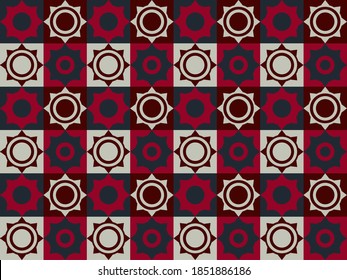 Seamless geometric pattern of eight ray stars with circles inside in navy blue, light grey and bright red colors